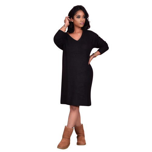 Solid Color Black V Neck Long Sleeve Midi Dress
