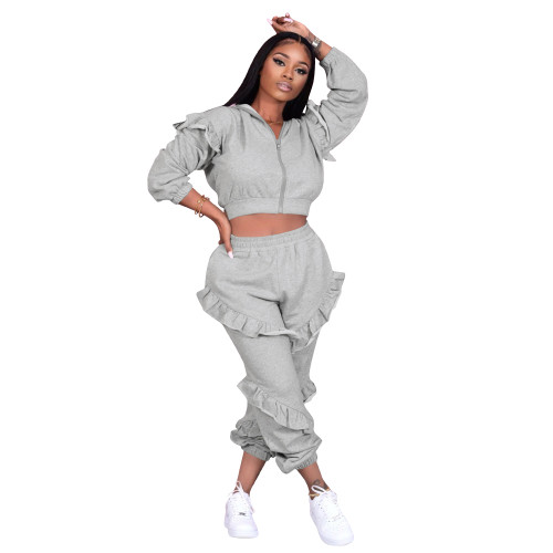 Autumn Winter Solid Grey Ruffled Two Piece Hooded Set with Zipper