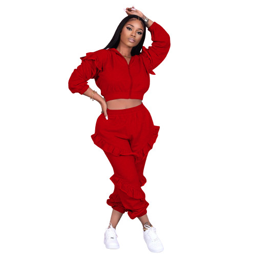 Autumn Winter Solid Red Ruffled Two Piece Hooded Set with Zipper