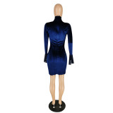 Solid Color Sapphire Blue High Neck Mesh Stitching Flared Sleeve Party Dress