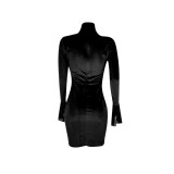 Solid Color Black High Neck Mesh Stitching Flared Sleeve Party Dress