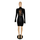 Solid Color Black High Neck Mesh Stitching Flared Sleeve Party Dress