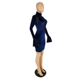 Solid Color Sapphire Blue High Neck Mesh Stitching Flared Sleeve Party Dress