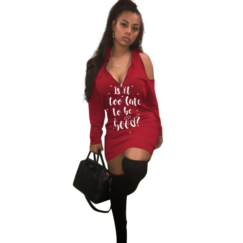 Casual Red Cold Shoulder Hooded Letter Print Sexy Dresses