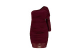 Plus Size Lavish One Shoulder Double-layer Mesh Pleated Dress - Wine Red
