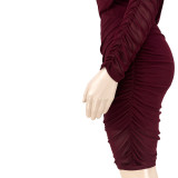 Plus Size Lavish One Shoulder Double-layer Mesh Pleated Dress - Wine Red
