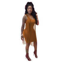 Brown Pure Color Sleeveless Nightclub Bodycon Dress with Tassel
