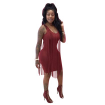 Wine Red Pure Color Sleeveless Nightclub Bodycon Dress with Tassel