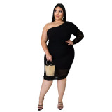 Plus Size Lavish One Shoulder Double-layer Mesh Pleated Dress - Black