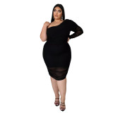 Plus Size Lavish One Shoulder Double-layer Mesh Pleated Dress - Black