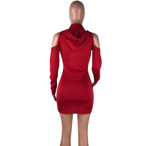 Casual Red Cold Shoulder Hooded Letter Print Sexy Dresses