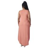 Solid Color Apricot Pink Round Neck Slit Tank Sleeveless Long Dress with Pockets
