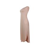 Solid Color Apricot Pink Round Neck Slit Tank Sleeveless Long Dress with Pockets