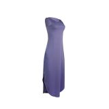Solid Color Purple Round Neck Slit Tank Sleeveless Long Dress