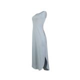 Solid Color Pale Blue Round Neck Slit Tank Sleeveless Long Dress with Pockets