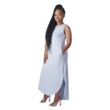 Solid Color Pale Blue Round Neck Slit Tank Sleeveless Long Dress with Pockets