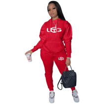 Casual Red Two Piece Printed Twill Sweatshirt Sports Hoodie Pant Set