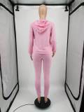 Casual Pink Print Split Joint Hooded Collar Sweatshirt Two Pieces Pant Set for Women Autumn Winter