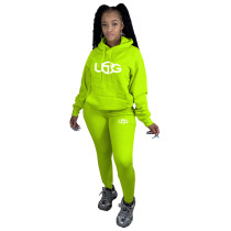Fluorescent Green Autumn Winter Women's Clothing Printed Plush Hooded Sweatpants Sets