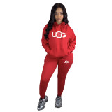 Red Autumn Winter Women's Clothing Printed Plush Hooded Sweatpants Sets