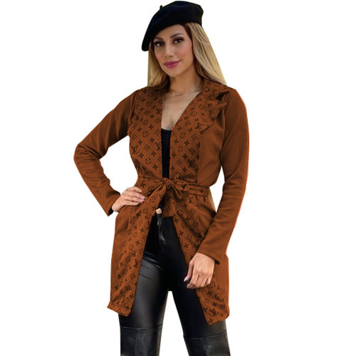 Brown Winter Thick Lace-up Printed Mid-length Coat