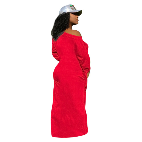Casual Red Knitted Round Neck Long Sleeve Maxi Dress with Pockets and Knotted Cuff