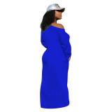 Casual Royal Blue Knitted Round Neck Long Sleeve Maxi Dress with Pockets and Knotted Cuff