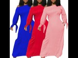 Casual Pink Knitted Round Neck Long Sleeve Maxi Dress with Pockets and Knotted Cuff