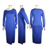 Casual Royal Blue Knitted Round Neck Long Sleeve Maxi Dress with Pockets and Knotted Cuff