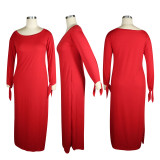 Casual Red Knitted Round Neck Long Sleeve Maxi Dress with Pockets and Knotted Cuff
