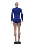Sexy Blue Printed Letter Round Neck Pullover Drawstring Workout Long Sleeve Tie Shorts Sweatsuits Sets
