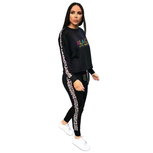 Black Letter Printing Leopard Pattern Stitching Two Piece Sweatpants Casual Outfits
