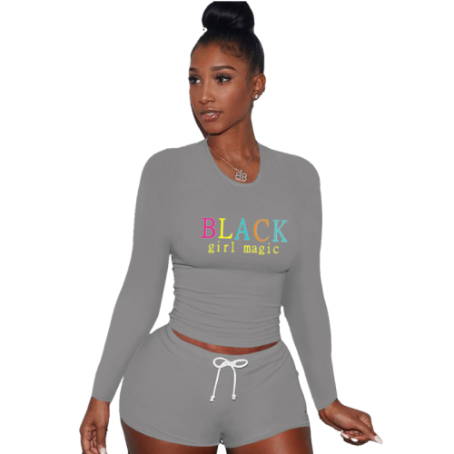 Sexy Grey Printed Letter Round Neck Pullover Drawstring Workout Long Sleeve Tie Shorts Sweatsuits Sets