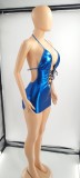 Ladies Nightclub Solid Blue PU Coated Halter Backless Sexy Dress