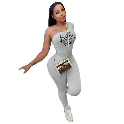 Spring New Fashion Grey Long Single Shoulder Printed Letter 2 Piece Outfits Trousers and Top