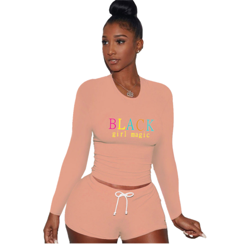 Sexy Pink Printed Letter Round Neck Pullover Drawstring Workout Long Sleeve Tie Shorts Sweatsuits Sets