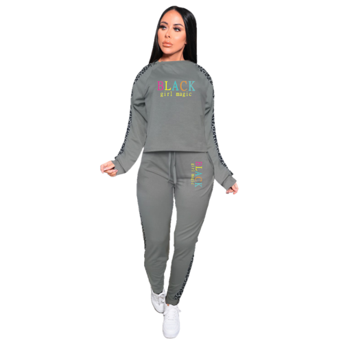 Grey Letter Printing Leopard Pattern Stitching Two Piece Sweatpants Casual Outfits
