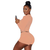 Sexy Pink Printed Letter Round Neck Pullover Drawstring Workout Long Sleeve Tie Shorts Sweatsuits Sets