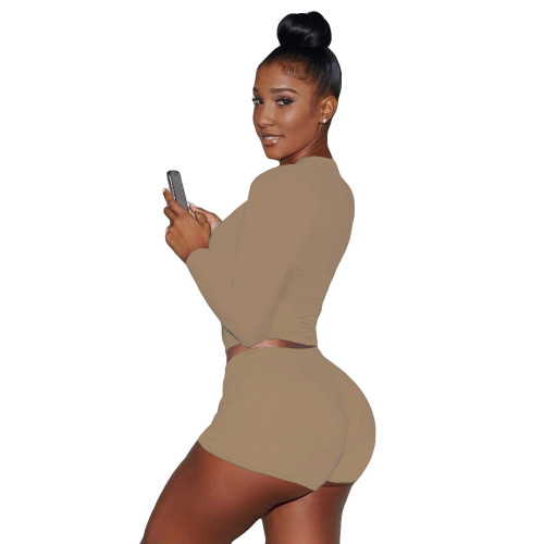 Sexy Khaki Printed Letter Round Neck Pullover Drawstring Workout Long Sleeve Tie Shorts Sweatsuits Sets