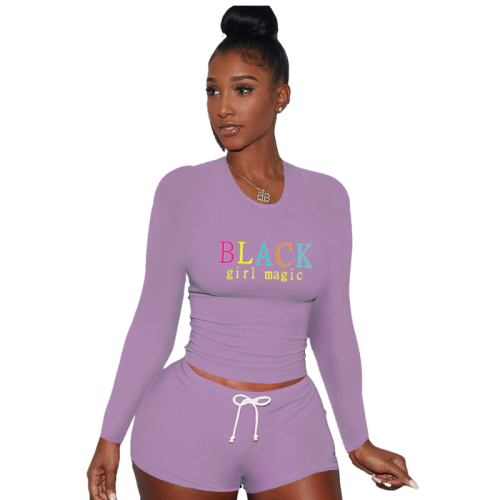 Sexy Purple Printed Letter Round Neck Pullover Drawstring Workout Long Sleeve Tie Shorts Sweatsuits Sets