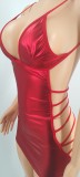 Red PU Coated Nightclub Hollow Tie Sexy Dress with Thong
