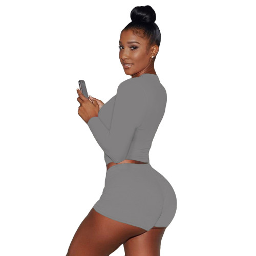 Sexy Grey Printed Letter Round Neck Pullover Drawstring Workout Long Sleeve Tie Shorts Sweatsuits Sets