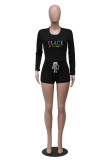 Sexy Black Printed Letter Round Neck Pullover Drawstring Workout Long Sleeve Tie Shorts Sweatsuits Sets