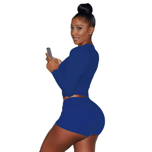 Sexy Blue Printed Letter Round Neck Pullover Drawstring Workout Long Sleeve Tie Shorts Sweatsuits Sets
