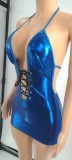 Ladies Nightclub Solid Blue PU Coated Halter Backless Sexy Dress