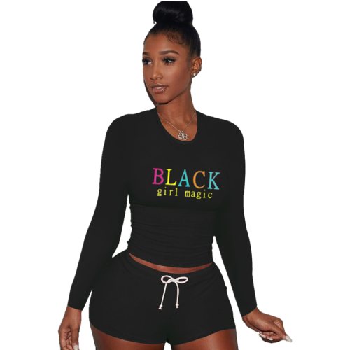 Sexy Black Printed Letter Round Neck Pullover Drawstring Workout Long Sleeve Tie Shorts Sweatsuits Sets