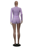 Sexy Purple Printed Letter Round Neck Pullover Drawstring Workout Long Sleeve Tie Shorts Sweatsuits Sets