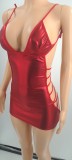 Red PU Coated Nightclub Hollow Tie Sexy Dress with Thong