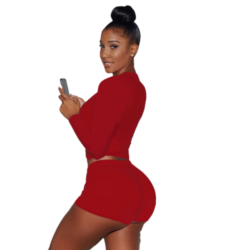 Sexy Red Printed Letter Round Neck Pullover Drawstring Workout Long Sleeve Tie Shorts Sweatsuits Sets