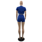 Solid Color Blue Air Layer Women's Jacket Suit Single-breasted Button Baseball Short Set